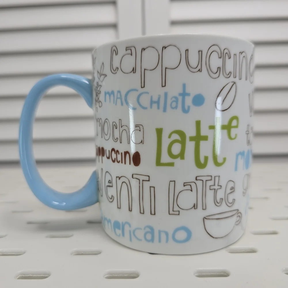 STARBUCKS Coffee Mug‎ 16oz 2007 Blue Handle Retro Typography Y2K Café Collectors